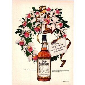 1949 Old Forester Bourbon Whiskey Vintage Print Ad Christmas Wreath 40s Wall Art